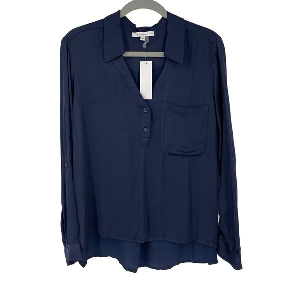 Young Fabulous & Broke Tops - Young Fabulous & Broke Satin Blouse Navy Blue Size Medium